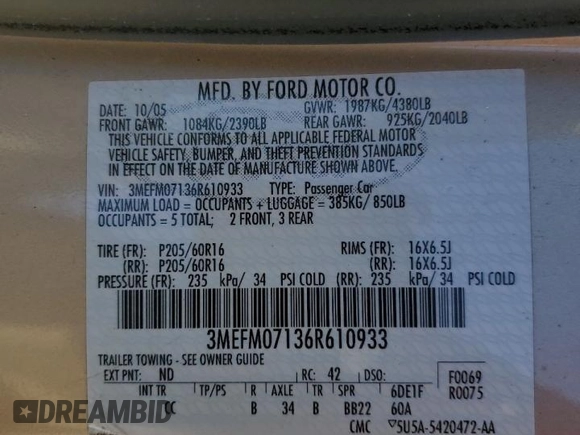 2006 Mercury Milan with VIN 3MEFM07136R610933, listed as a Copart auction lot 83649384 with 93,247 mi miles and Non repairable. Bid and sale history available at DreamBid. Image 12.