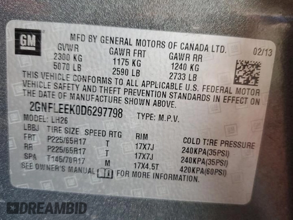 2013 Chevrolet Equinox LT z VIN 2GNFLEEK0D6297798, wystawiony jako Copart lot #56914435 z przebiegiem 116 102 mil mil oraz Czysty tytuł • Clean title. Historia ofert i sprzedaży dostępna na DreamBid. Obrazek 13.