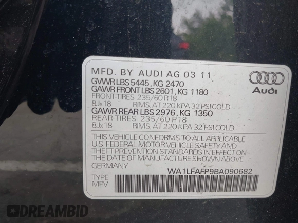 2011 Audi Q5 Premium Plus with VIN WA1LFAFP9BA090682, listed as a IAAI auction lot 42697671 with 72,425 mi miles and . Bid and sale history available at DreamBid. Image 9.