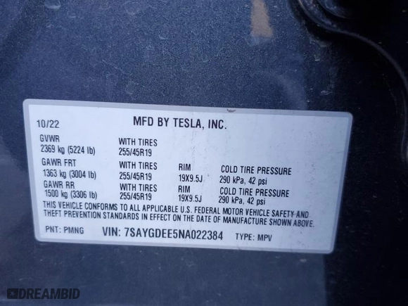 2022 Tesla Model Y Long Range with VIN 7SAYGDEE5NA022384, listed as a Copart auction lot 49283345 with 31,925 mi miles and Salvage Title. Bid and sale history available at carsss.com. Image 14.