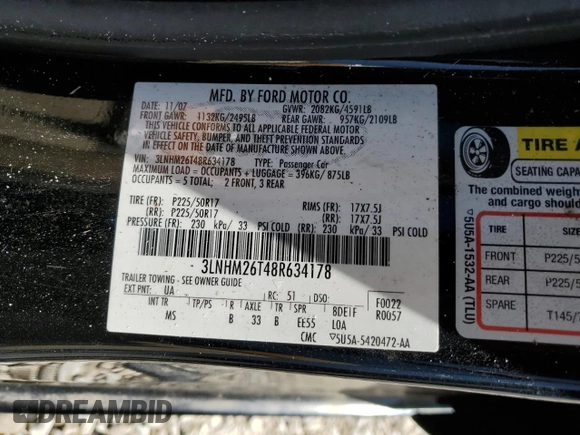 2008 Lincoln MKZ z VIN 3LNHM26T48R634178, wystawiony jako Copart lot #57401265 z przebiegiem 33 836 mil mil oraz Szkoda całkowita • Salvage title. Historia ofert i sprzedaży dostępna na DreamBid. Obrazek 12.