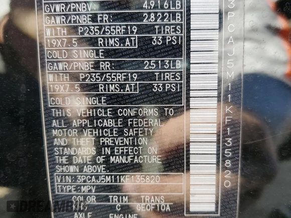 2019 Infiniti QX50 Luxe with VIN 3PCAJ5M11KF135820, listed as a Copart auction lot 58024215 with 64,340 mi miles and Salvage title. Bid and sale history available at DreamBid. Image 13.