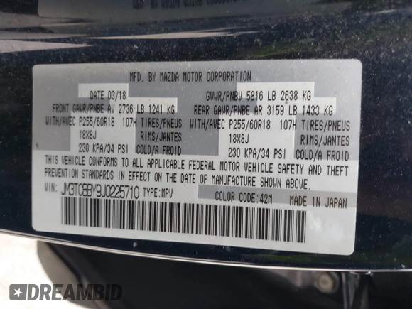 2018 Mazda CX-9 Sport with VIN JM3TCBBY9J0225710, listed as a IAAI auction lot 41739509 with 92,022 mi miles. Bid and sale history available at carsss.com. Image 9.