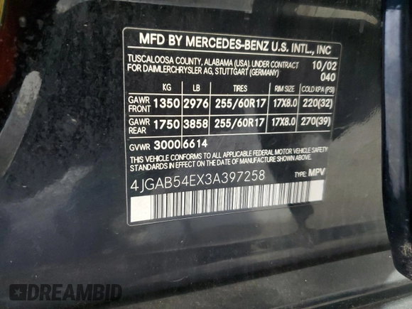 2003 Mercedes-Benz M-Class 3.2L with VIN 4JGAB54EX3A397258, listed as a Copart auction lot 67455154 with 176,642 mi miles and Salvage Title. Bid and sale history available at carsss.com. Image 15.