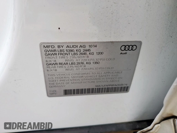 2015 Audi Q5 Premium Plus with VIN WA1LFAFP8FA059574, listed as a Copart auction lot 60562265 with 104,340 mi miles and Salvage title. Bid and sale history available at DreamBid. Image 12.