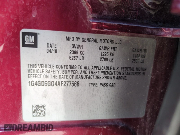 2010 Buick LaCrosse with VIN 1G4GD5GG4AF277568, listed as a Copart auction lot 51916205 with 153,756 mi miles and Clean title. Bid and sale history available at DreamBid. Image 12.