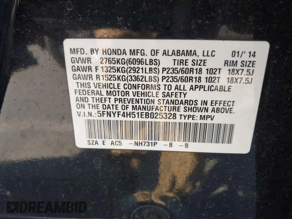 2014 Honda Pilot EX-L with VIN 5FNYF4H51EB025328, listed as a IAAI auction lot 41787439 with 169,313 mi miles and . Bid and sale history available at DreamBid. Image 9.