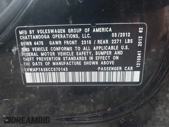 2012 Volkswagen Passat S with VIN 1VWAP7A35CC070143, listed as a IAAI auction lot 42496169 with 188,365 mi miles and . Bid and sale history available at DreamBid. Image 9.