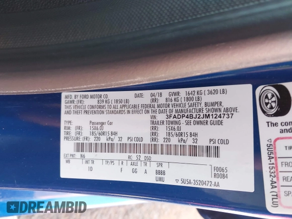 2018 Ford Fiesta SE with VIN 3FADP4BJ2JM124737, listed as a IAAI auction lot 41355279 with 95,470 mi miles. Bid and sale history available at carsss.com. Image 9.