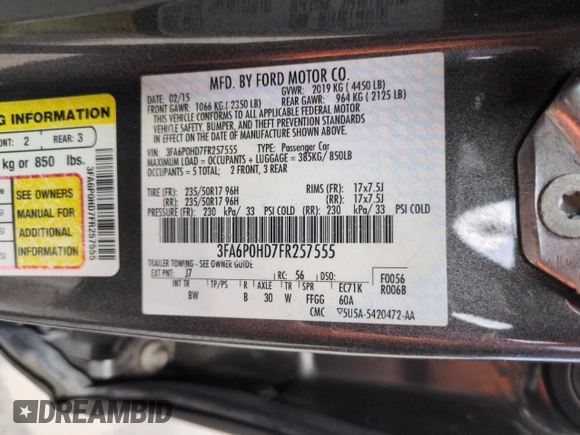 2015 Ford Fusion SE with VIN 3FA6P0HD7FR257555, listed as a Copart auction lot 52453815 with 52,609 mi miles and Salvage Title. Bid and sale history available at DreamBid. Image 12.