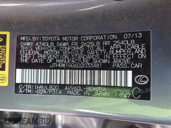 2013 Lexus ES 300h with VIN JTHBW1GG6D2033481, listed as a IAAI auction lot 42262327 with 162,138 mi miles and . Bid and sale history available at DreamBid. Image 9.