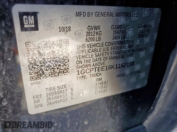 2019 Chevrolet Colorado 4WD ZR2 with VIN 1GCPTEE16K1152138, listed as a Copart auction lot 60073095 with 122,116 mi miles and Salvage title. Bid and sale history available at DreamBid. Image 13.
