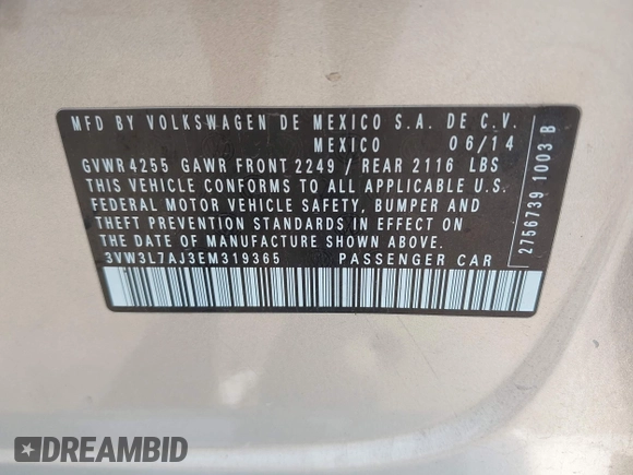 2014 Volkswagen Jetta TDI w/Premium with VIN 3VW3L7AJ3EM319365, listed as a IAAI auction lot 42479875 with 133,068 mi miles and . Bid and sale history available at DreamBid. Image 9.