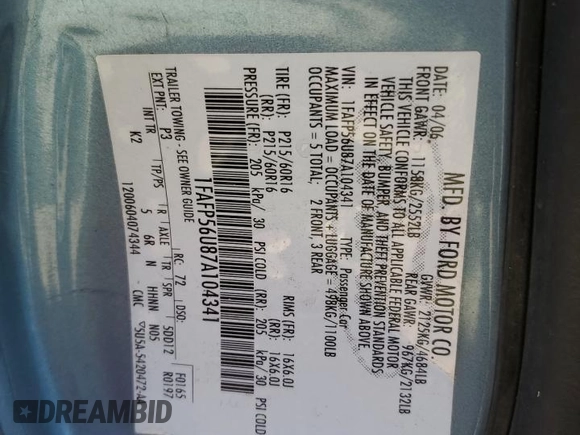 2007 Ford Taurus SEL with VIN 1FAFP56U87A104341, listed as a Copart auction lot 61045335 with 159,952 mi miles and Salvage title. Bid and sale history available at DreamBid. Image 12.