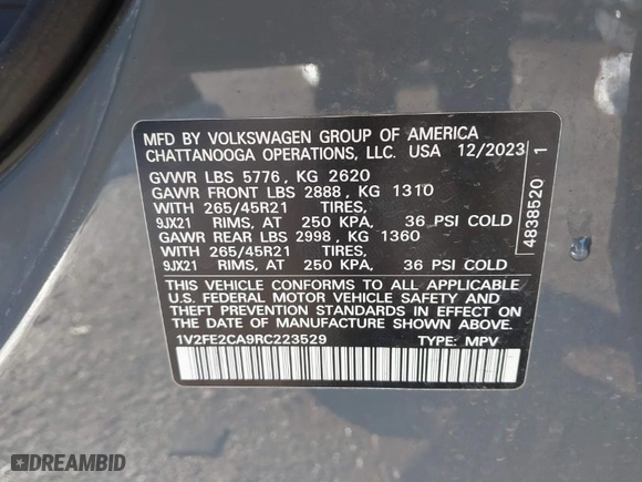 2024 Volkswagen Atlas Cross Sport 2.0T SEL Premium R-Line with VIN 1V2FE2CA9RC223529, listed as a IAAI auction lot 41188547 with 24,711 mi miles. Bid and sale history available at carsss.com. Image 9.