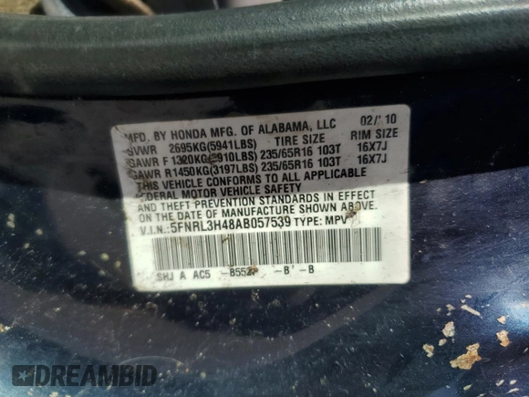 2010 Honda Odyssey EX with VIN 5FNRL3H48AB057539, listed as a Copart auction lot 55380315 with 142,744 mi miles and Clean Title. Bid and sale history available at carsss.com. Image 13.