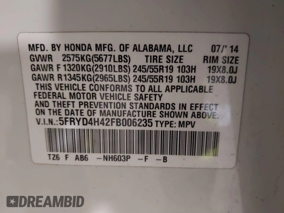 2015 Acura MDX Tech Pkg with VIN 5FRYD4H42FB006235, listed as a IAAI auction lot 41200581 with 159,681 mi miles. Bid and sale history available at carsss.com. Image 9.