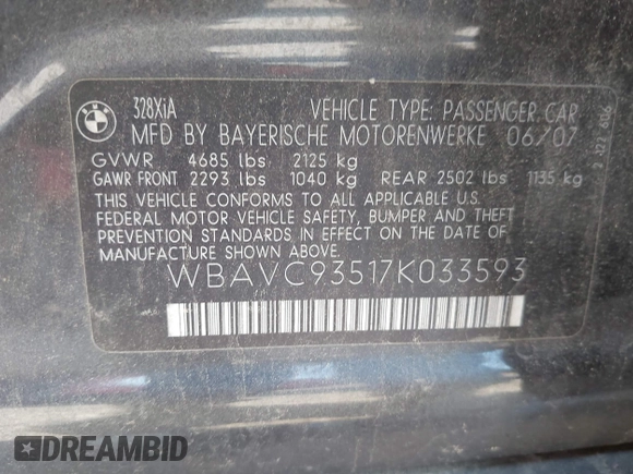 2007 BMW 3 Series 328xi z VIN WBAVC93517K033593, wystawiony jako IAAI lot #42137856 z przebiegiem Nie podano mil oraz . Historia ofert i sprzedaży dostępna na DreamBid. Obrazek 9.