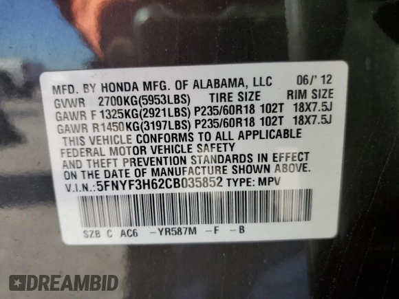 2012 Honda Pilot EX-L z VIN 5FNYF3H62CB035852, wystawiony jako Copart lot #79508734 z przebiegiem 175 391 mil mil oraz Szkoda całkowita • Salvage title. Historia ofert i sprzedaży dostępna na DreamBid. Obrazek 13.