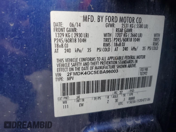 2014 Ford Edge SE с VIN 2FMDK4GC5EBA96003, выставлен на аукционе Copart как лот 66337285 с пробегом 157 528 миль миль и Чистый • Clean title. История ставок и продаж доступна на DreamBid. Изображение 12.