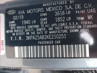 2019 Kia Rio 5-Door S with VIN 3KPA25AB2KE210251, listed as a IAAI auction lot 42066890 with 63,206 mi miles. Bid and sale history available at carsss.com. Image 9.