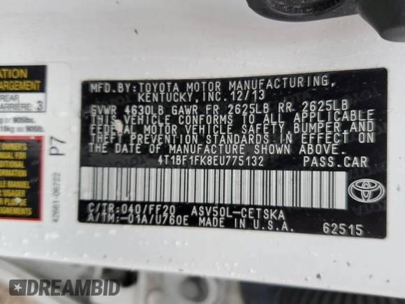 2014 Toyota Camry L with VIN 4T1BF1FK8EU775132, listed as a Copart auction lot 46037465 with 80,460 mi miles and Salvage Title. Bid and sale history available at DreamBid. Image 13.