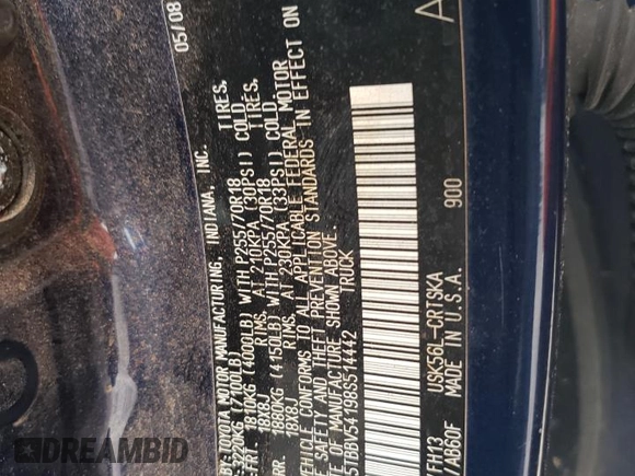 2008 Toyota Tundra z VIN 5TBBV54198S514442, wystawiony jako Copart lot #57291885 z przebiegiem 162 838 mil mil oraz Czysty tytuł • Clean title. Historia ofert i sprzedaży dostępna na DreamBid. Obrazek 12.