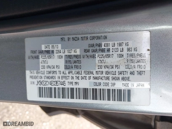 2014 Mazda CX-5 Touring with VIN JM3KE2CY4E0357445, listed as a IAAI auction lot 41967334 with 115,535 mi miles. Bid and sale history available at carsss.com. Image 9.
