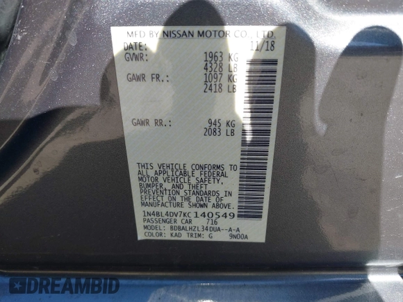 2019 Nissan Altima 2.5 SV with VIN 1N4BL4DV7KC140549, listed as a IAAI auction lot 41779383 with 104,152 mi miles. Bid and sale history available at carsss.com. Image 9.