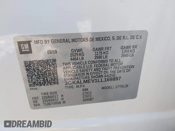 2020 GMC Terrain SLE with VIN 3GKALMEV1LL169897, listed as a IAAI auction lot 40530654 with 57,299 mi miles. Bid and sale history available at carsss.com. Image 9.