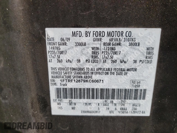 2009 Ford F-150 XL with VIN 1FTRF12879KC60671, listed as a Copart auction lot 76003554 with 266,092 mi miles and Salvage Title. Bid and sale history available at carsss.com. Image 12.