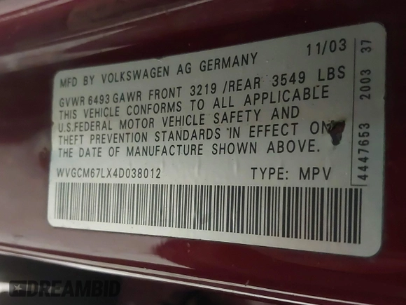 2004 Volkswagen Touareg z VIN WVGCM67LX4D038012, wystawiony jako IAAI lot #41285460 z przebiegiem Nie podano mil oraz . Historia ofert i sprzedaży dostępna na DreamBid. Obrazek 9.