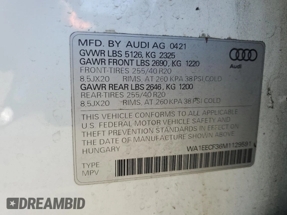 2021 Audi Q3 S line Premium Plus with VIN WA1EECF36M1129591, listed as a Copart auction lot 54921935 with 109,365 mi miles and Salvage title. Bid and sale history available at DreamBid. Image 13.