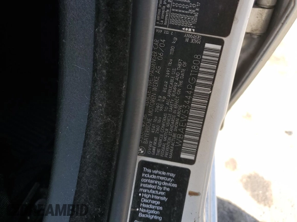 2004 BMW 3 Series 330xi with VIN WBAEW53444PG11808, listed as a Copart auction lot 47438665 with 145,210 mi miles and Salvage Title. Bid and sale history available at carsss.com. Image 14.