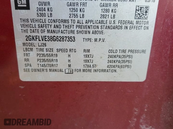 2016 GMC Terrain Denali with VIN 2GKFLVE38G6287353, listed as a Copart auction lot 51496085 with 135,741 mi miles and Salvage title. Bid and sale history available at DreamBid. Image 15.