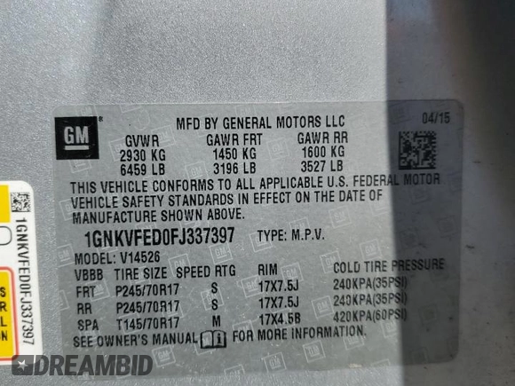 2015 Chevrolet Traverse LS z VIN 1GNKVFED0FJ337397, wystawiony jako Copart lot #55822825 z przebiegiem 161 838 mil mil oraz Czysty tytuł • Clean title. Historia ofert i sprzedaży dostępna na DreamBid. Obrazek 13.