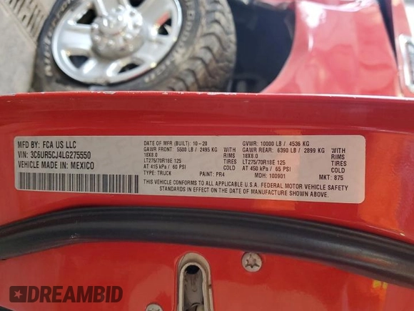 2020 Ram 2500 Tradesman with VIN 3C6UR5CJ4LG275550, listed as a Copart auction lot 54510805 with 114,781 mi miles and Salvage title. Bid and sale history available at DreamBid. Image 14.