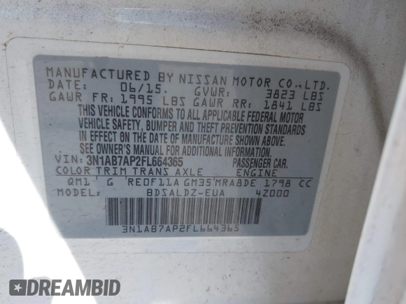 2015 Nissan Sentra SR with VIN 3N1AB7AP2FL664365, listed as a IAAI auction lot 41647863 with 85,719 mi miles and . Bid and sale history available at DreamBid. Image 9.
