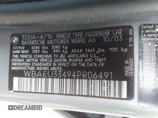 2004 BMW 3 Series 325xi with VIN WBAEU33494PR06491, listed as a IAAI auction lot 42000428 with Not provided miles and . Bid and sale history available at DreamBid. Image 9.