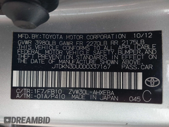 2013 Toyota Prius One with VIN JTDKN3DU0D0337167, listed as a IAAI auction lot 41758118 with 188,298 mi miles. Bid and sale history available at carsss.com. Image 9.