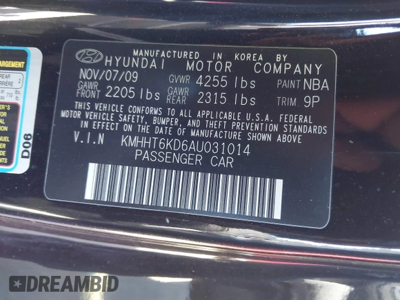 2010 Hyundai Genesis Coupe Premium with VIN KMHHT6KD6AU031014, listed as a IAAI auction lot 42684590 with 238,579 mi miles and . Bid and sale history available at DreamBid. Image 9.