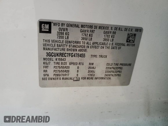 2015 Chevrolet Silverado 1500 LT with VIN 3GCUKREC7FG478455, listed as a Copart auction lot 54081965 with 196,449 mi miles and Salvage Title. Bid and sale history available at DreamBid. Image 12.
