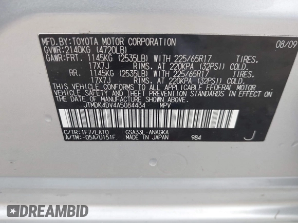 2010 Toyota RAV4 Limited with VIN JTMDK4DV4A5084434, listed as a IAAI auction lot 41722239 with 156,836 mi miles and . Bid and sale history available at DreamBid. Image 9.