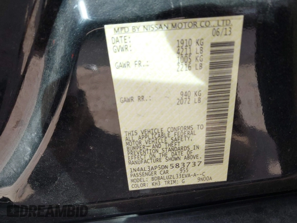 2013 Nissan Altima SV with VIN 1N4AL3AP5DN583737, listed as a IAAI auction lot 41784167 with 184,862 mi miles and . Bid and sale history available at DreamBid. Image 9.