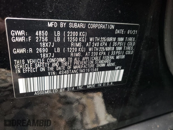2021 Subaru Outback Limited with VIN 4S4BTANC1M3161546, listed as a Copart auction lot 57626985 with 45,521 mi miles and Salvage title. Bid and sale history available at DreamBid. Image 14.