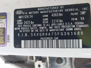 2015 Kia Optima SX with VIN 5XXGR4A75FG361688, listed as a IAAI auction lot 42604374 with 162,359 mi miles and . Bid and sale history available at DreamBid. Image 9.