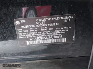 2018 BMW 3 Series 330i xDrive with VIN WBA8D9G56JNU70886, listed as a IAAI auction lot 41752477 with 35,960 mi miles. Bid and sale history available at carsss.com. Image 9.