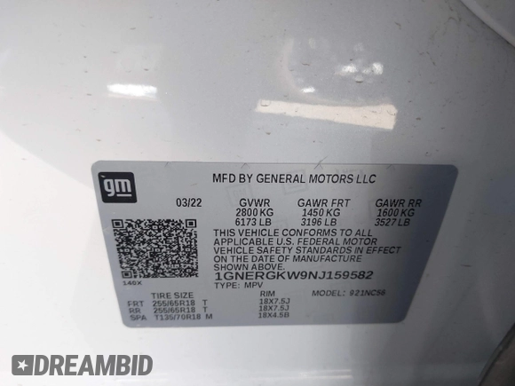 2022 Chevrolet Traverse LT Cloth z VIN 1GNERGKW9NJ159582, wystawiony jako IAAI lot #41510198 z przebiegiem 38 074 mil mil oraz . Historia ofert i sprzedaży dostępna na DreamBid. Obrazek 9.