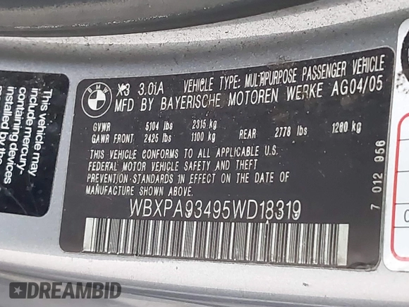 2005 BMW X3 3.0i with VIN WBXPA93495WD18319, listed as a IAAI auction lot 41906633 with 185,090 mi miles. Bid and sale history available at carsss.com. Image 9.