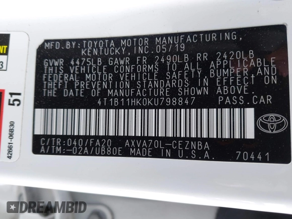 2019 Toyota Camry LE with VIN 4T1B11HK0KU798847, listed as a IAAI auction lot 41944077 with 138,289 mi miles and . Bid and sale history available at DreamBid. Image 9.